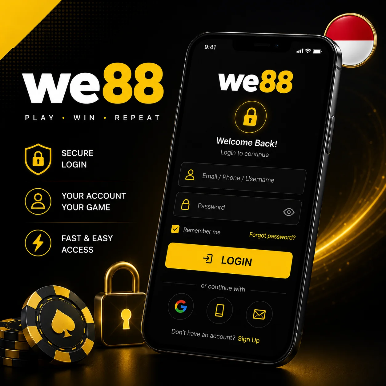 We88 account login on mobile with Indonesia flag and official logo.