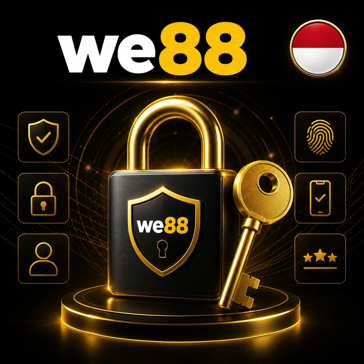 We88 account security with lock, key, Indonesia flag and official logo.