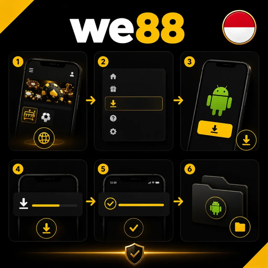 We88 APK installation on Android with Indonesia flag and official logo.