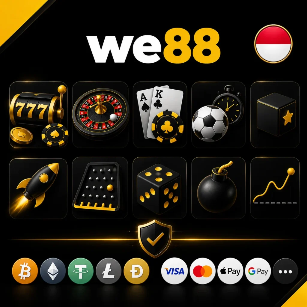 We88 casino games and payment methods with Indonesia flag and official logo.