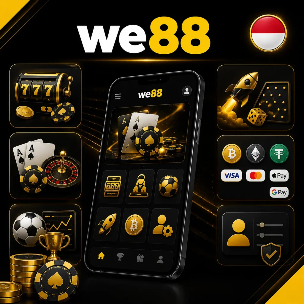 We88 platform features with casino games, payments, Indonesia flag and official logo.