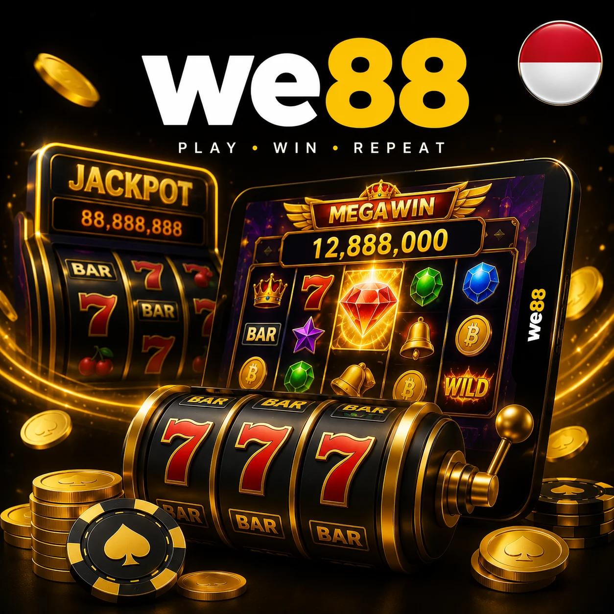 We88 slot games with jackpot reels, Indonesia flag and official logo.